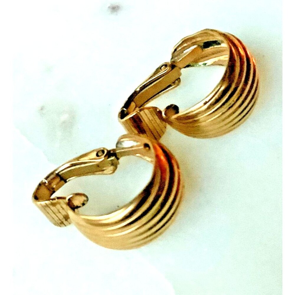 Vintage Earrings 14K G.F. Gold Filled Clip On Hoop Huggies Dangle Fluted Signed
